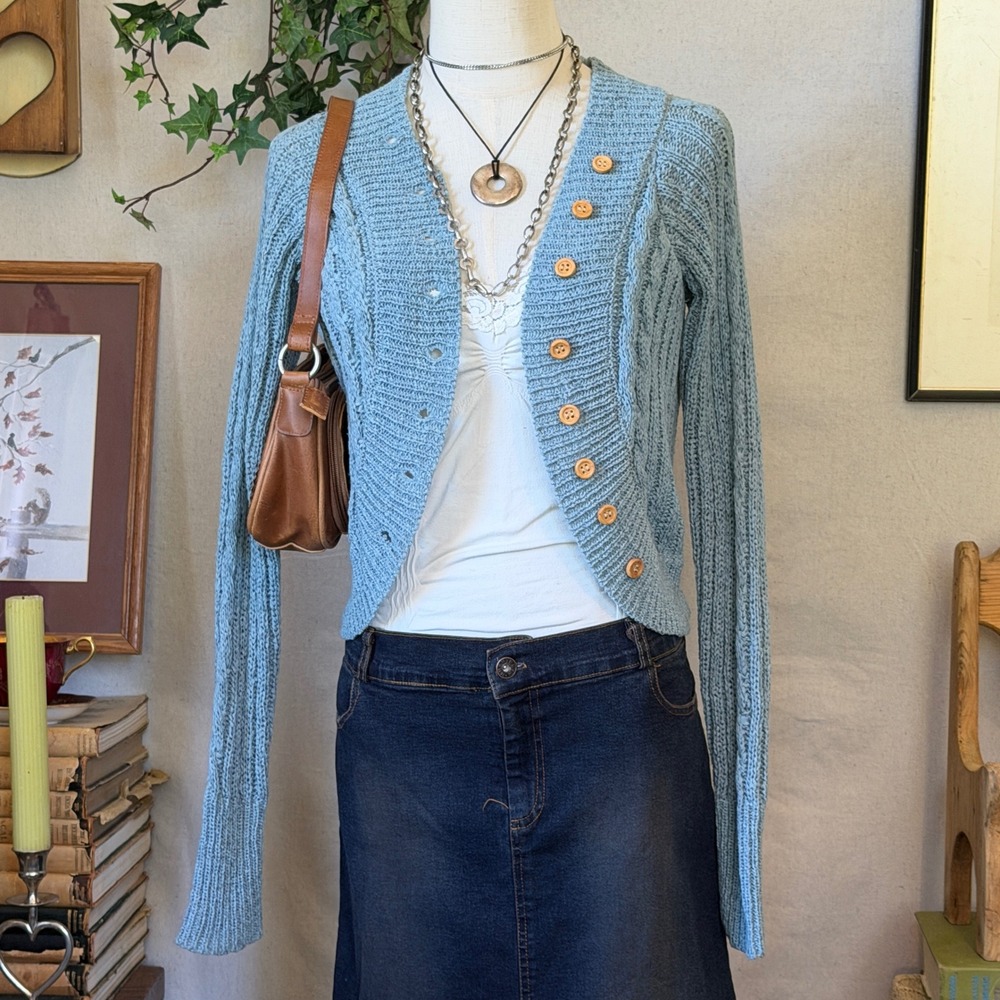 Blue Ribbed Acrylic Cardigan Fitted Boho Coquette S Cropped Layering Cable Knit